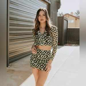Nectar Clothing green checkered mesh shirt and skirt set